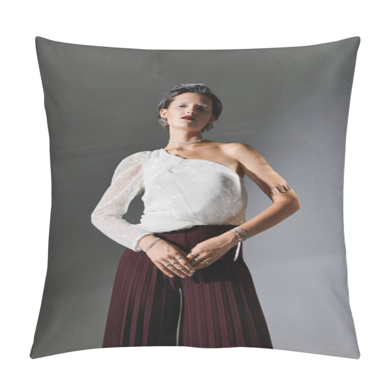 Personality  Soft Lighting Highlights A Woman In Elegant, Minimalist Winter Attire. Pillow Covers