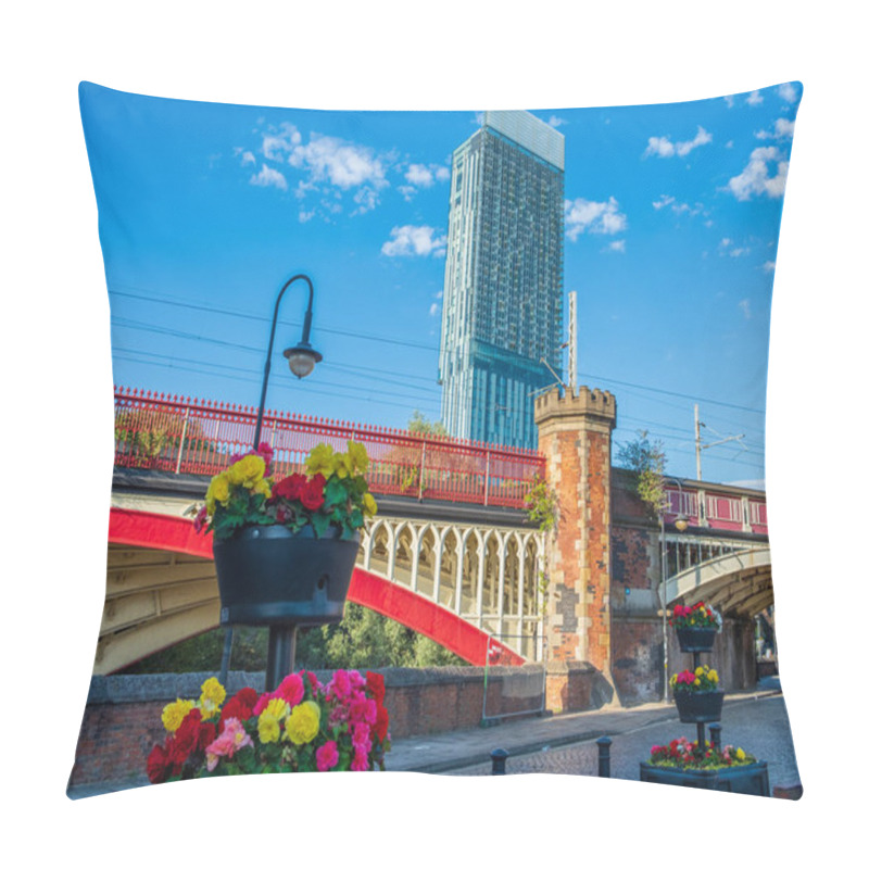 Personality  Manchester, United Kingdom - July 22, 2018: Castlefield And The Beetham Tower In Manchester. Classical Buildings Of The Industrial Revolution Are Gradually Being Replaced By Modern Construction Pillow Covers