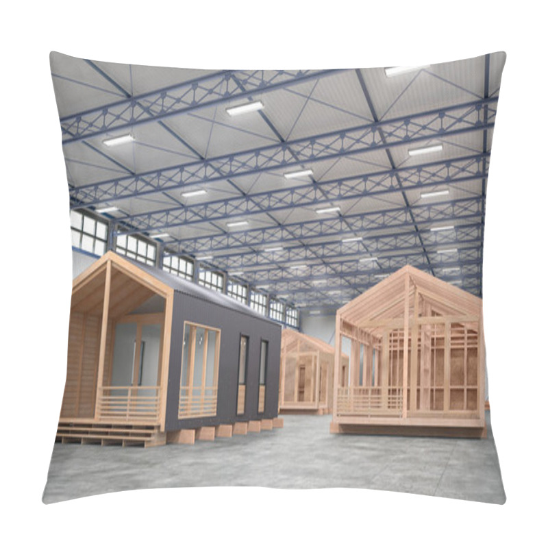 Personality  Workshop For The Assembly Of Modular Buildings With Houses. 3D Illustration Pillow Covers