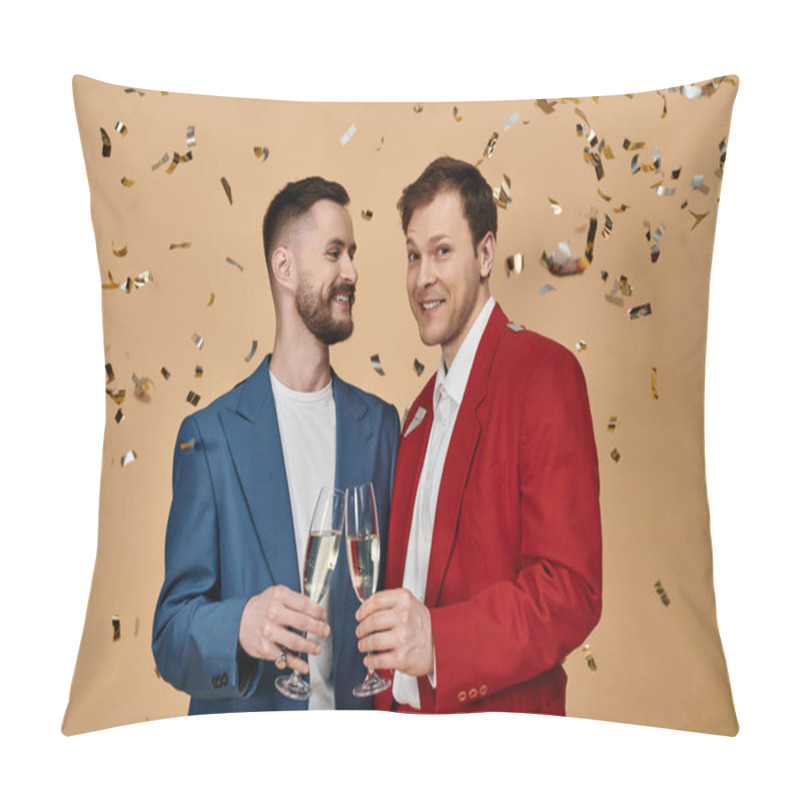 Personality  Two Men In Suits Celebrate With Champagne And Confetti. Pillow Covers