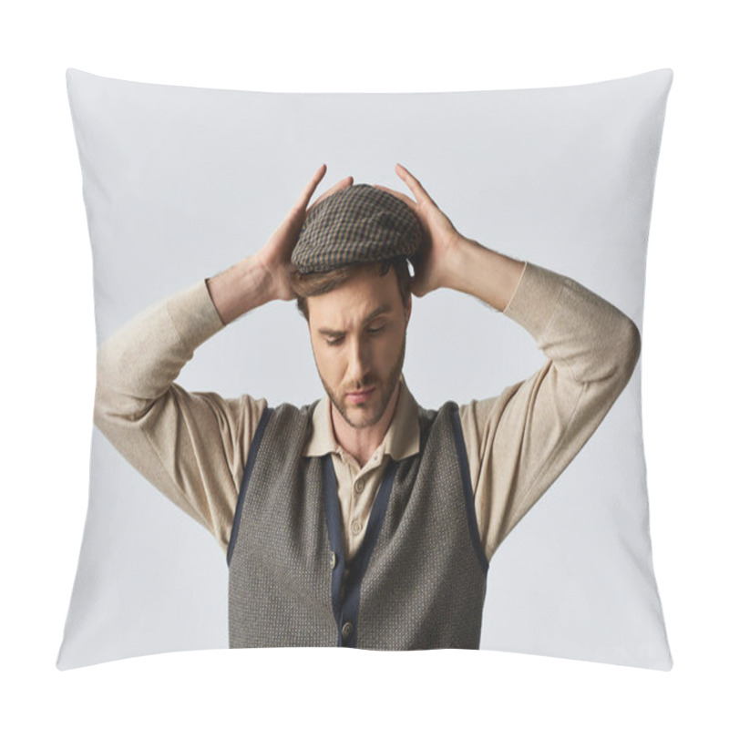 Personality  A Handsome Man Carefully Places His Cap, Highlighting His Dapper Style And Thoughtful Demeanor. Pillow Covers