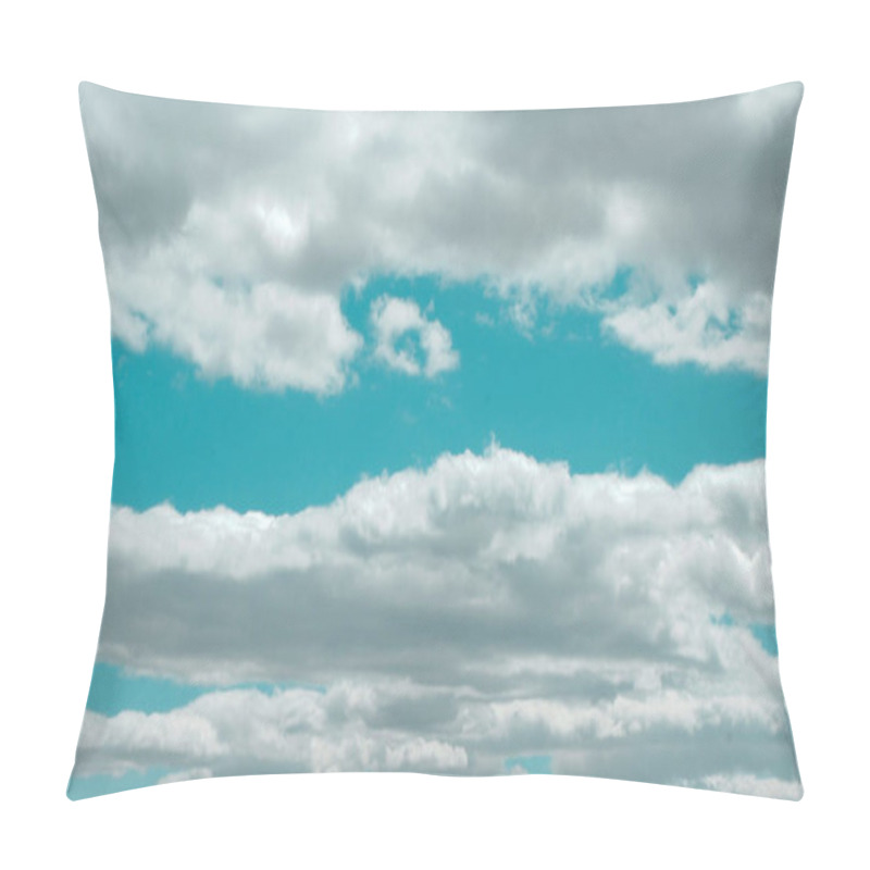 Personality  Panoramic Photo Of Surreal Cloudscape On Vivid Blue Sky. Panorama Of Lined Dreamy Clouds. Pillow Covers