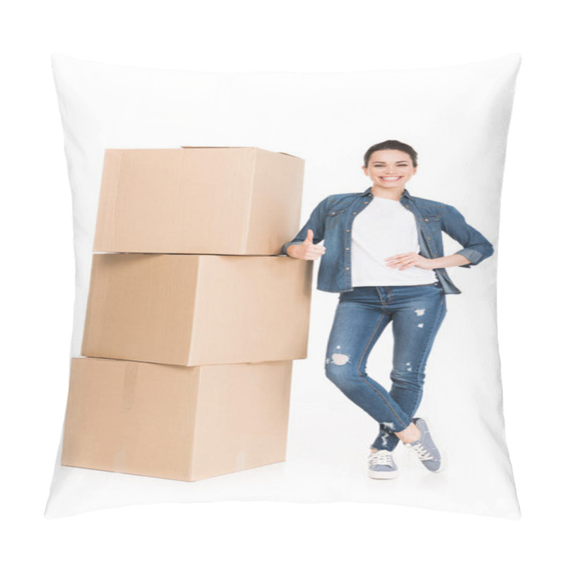 Personality  Woman With Cardboard Boxes Showing Thumb Up, Isolated On White Pillow Covers