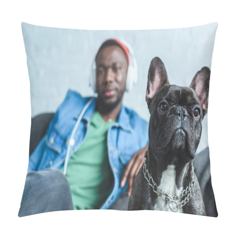 Personality  French Bulldog By Handsome African American Man In Headphones Pillow Covers