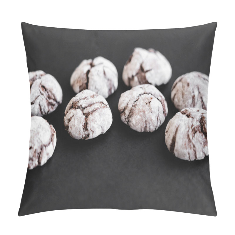 Personality  Close Up View Of Biscuits With Powdered Sugar On Black Surface  Pillow Covers