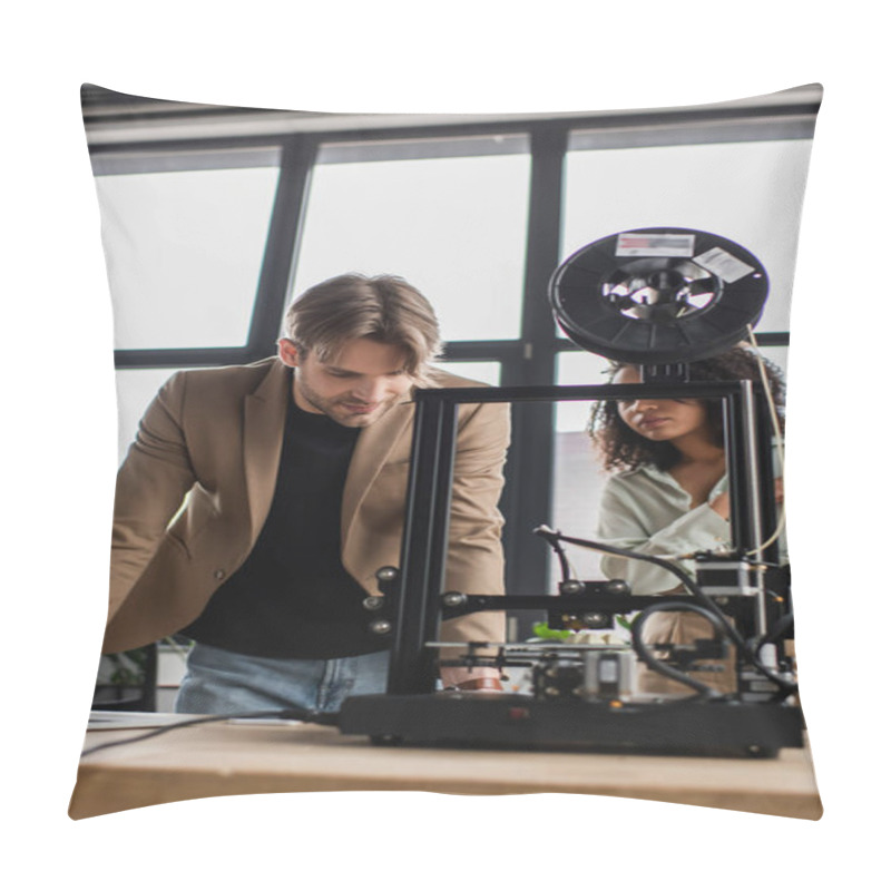 Personality  Focused Young Interracial Designers Working With 3D Printer In Modern Office Pillow Covers