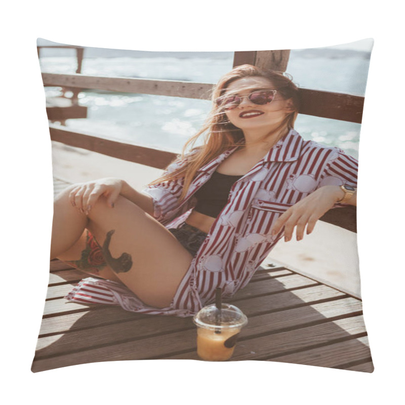 Personality  Attractive Young Woman Sitting On Floor Of Pier At Beach Pillow Covers