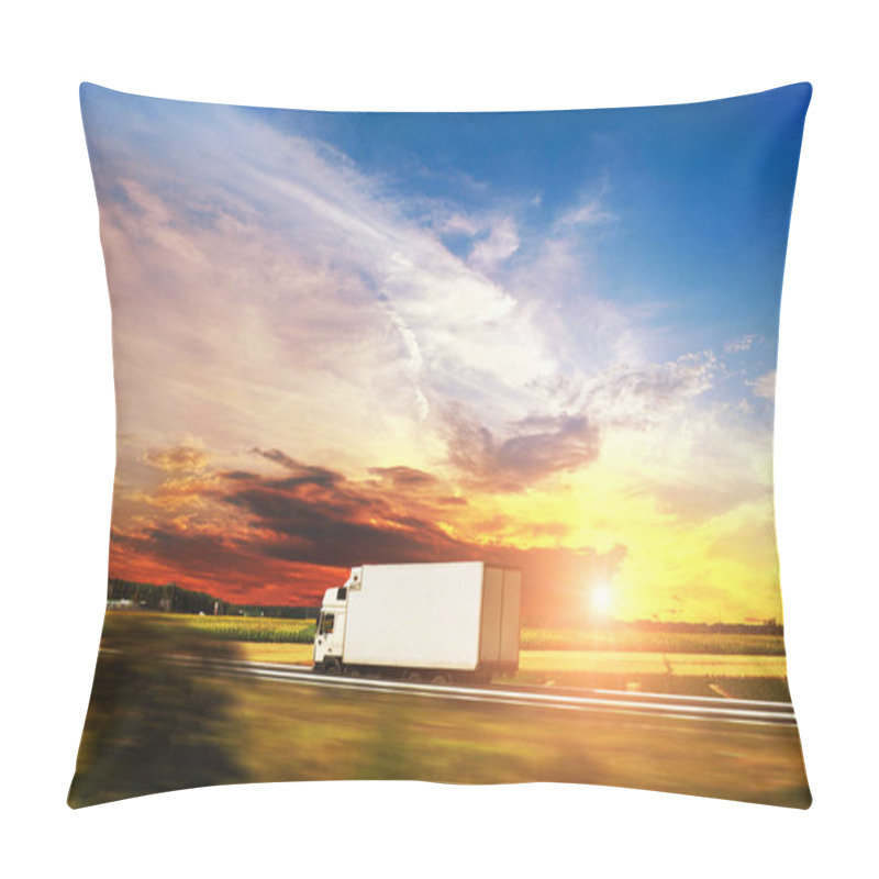 Personality  White Box Truck Driving Fast On Countryside Road Against Sky With Sunset Pillow Covers