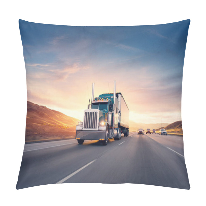 Personality  American Style Truck On Freeway Pulling Load. Transportation Theme. Road Cars Theme. Pillow Covers