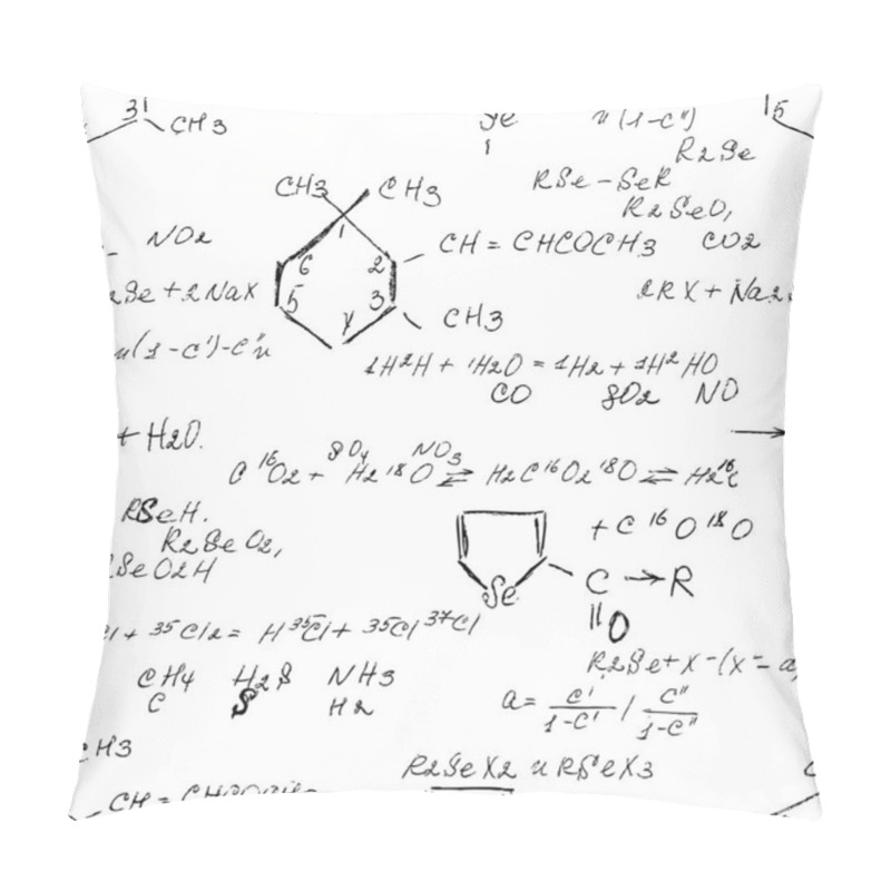 Personality  Chemistry Seamless Pattern With Handwriting Of Various Formulas And Molecules Structures And Diagrams. Atom Geometry. College Lectures. Scientific Study As Former Alchemy. Vector. Pillow Covers