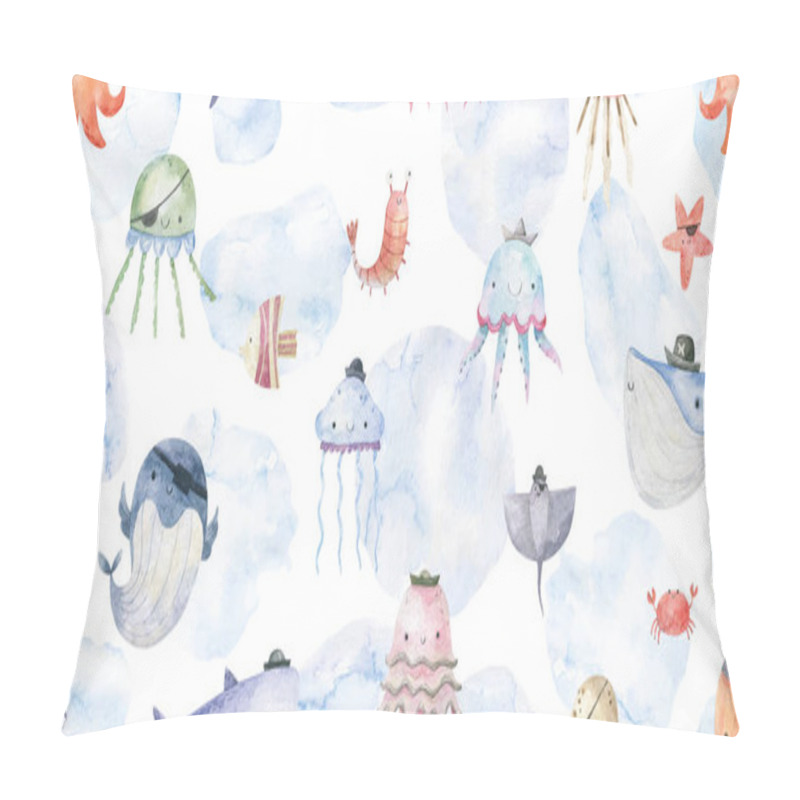 Personality  Seamless Pattern With Shark, Fish And Jellyfish. Cute Baby Print. Design For Textiles, Decor And Paper. Watercolor Seamless Pattern With Underwater World, Fish, Whale, Shark, Dolphin, Starfish, Jellyfish, Algae, Seashells Pillow Covers