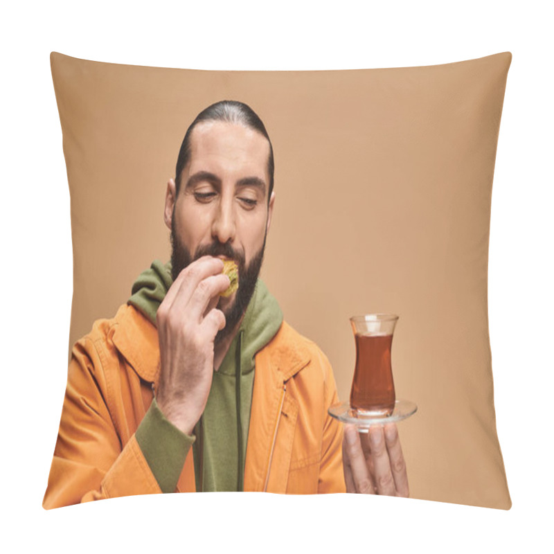 Personality  Happy Bearded Man Holding Turkish Tea In Traditional Glass Cup And Eating Tasty Baklava On Beige Pillow Covers