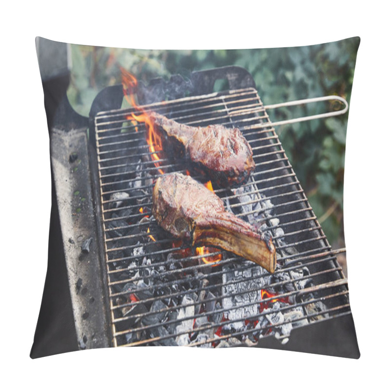 Personality  Tasty Meat Grilling On Barbecue Grid And Coal Pieces Outside  Pillow Covers