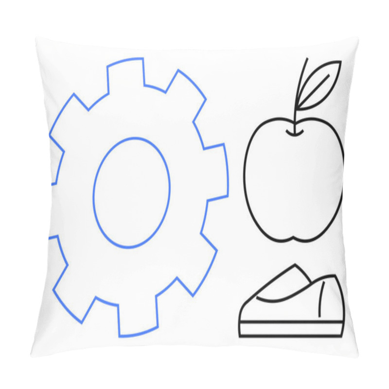 Personality  Outline Of Blue Gear, Black Apple With Leaf, And Black Shoe. Ideal For Fitness, Wellness, Healthy Living, Productivity, Exercise, Nutrition, Lifestyle Themes. Line Metaphor Pillow Covers