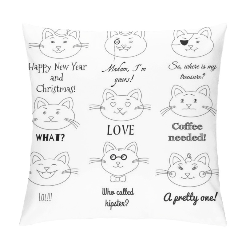 Personality  Cute Cat Illustration Set. Grumpy, Pirate, Sir, Girl, Santa, In Love, Laughing, Hipster, Sad Cats Illustrations With Text Labels. Pillow Covers