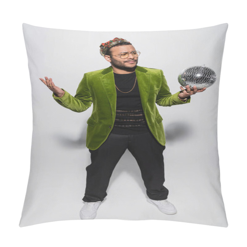 Personality  Confused Eastern Hip Hop Performer In Green Velvet Blazer And Crown Holding Disco Ball On Grey Pillow Covers