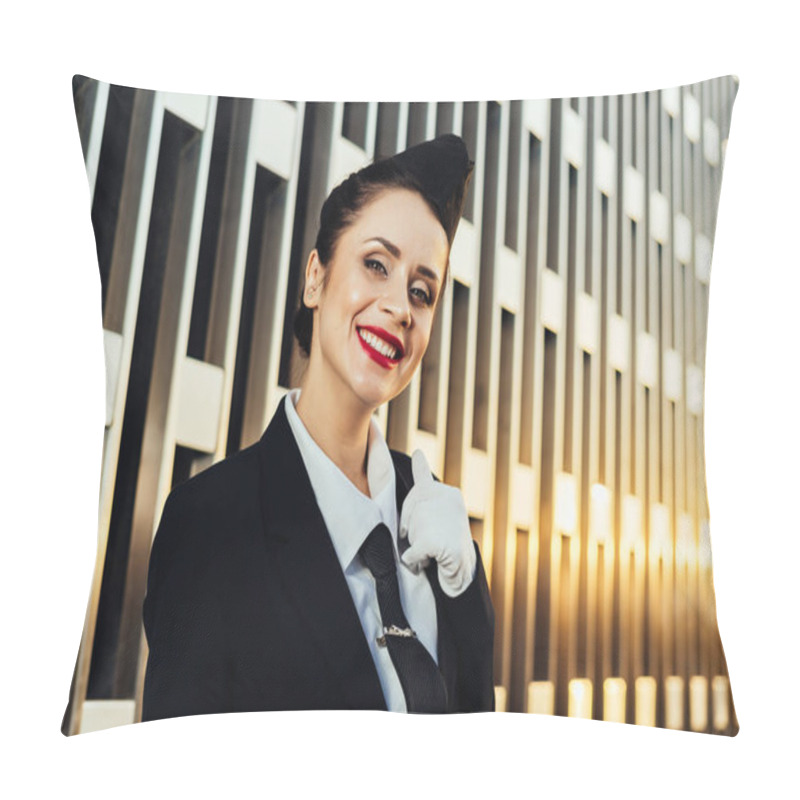 Personality  Happy Woman Stewardess In Uniform Posing At Camera Pillow Covers