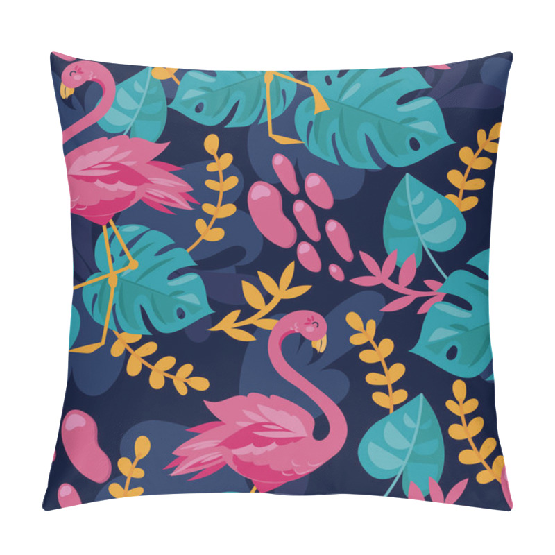 Personality  Seamless Background With Pink Flamingo And Monstera Leaves, Cartoon Flat Style And Bright Palette, Vector Illustration Pillow Covers