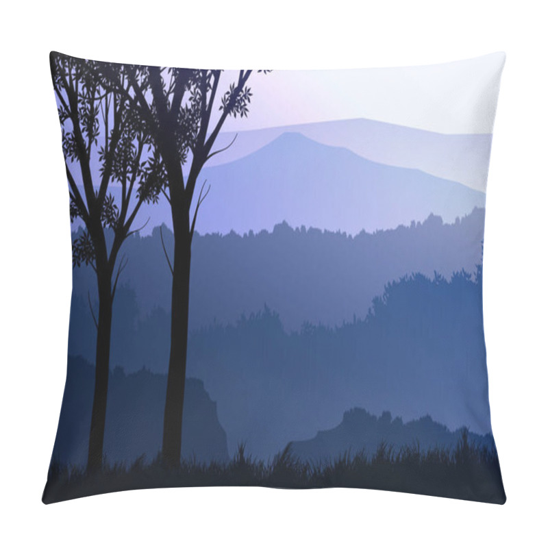 Personality  Natural Forest Mountains Horizon Hills Silhouettes Of Trees. Evening Sunrise And Sunset. Landscape Wallpaper. Illustration Vector Style. Colorful View Background. Pillow Covers