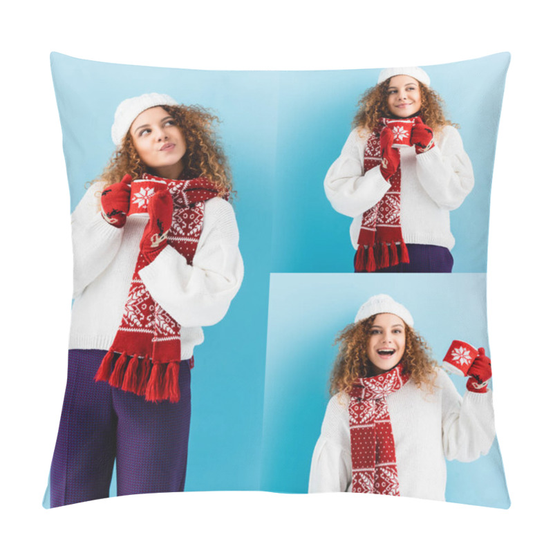 Personality  Collage Of Curly Young Woman In Hat And Sweater Holding Cup Of Tea In Knitted Holder On Blue  Pillow Covers