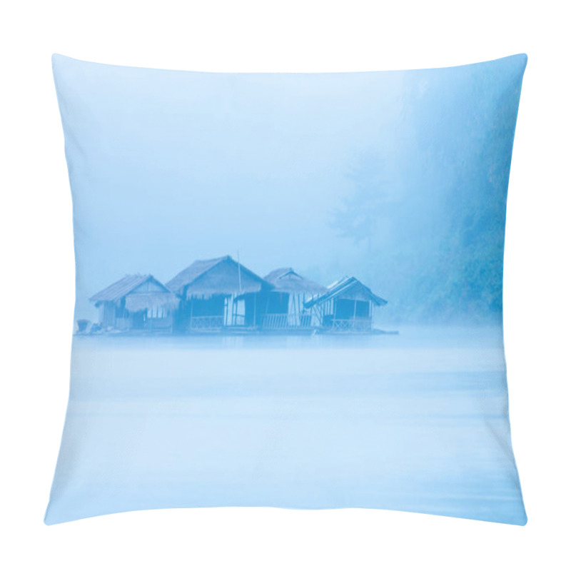 Personality  Soft Focus Of Houseboat Above With Foggy On Songkaria River., Lifestyle Travel In Sangkhla Buri, Kanchanaburi Province, The Western Travel Of Thailand. Pillow Covers