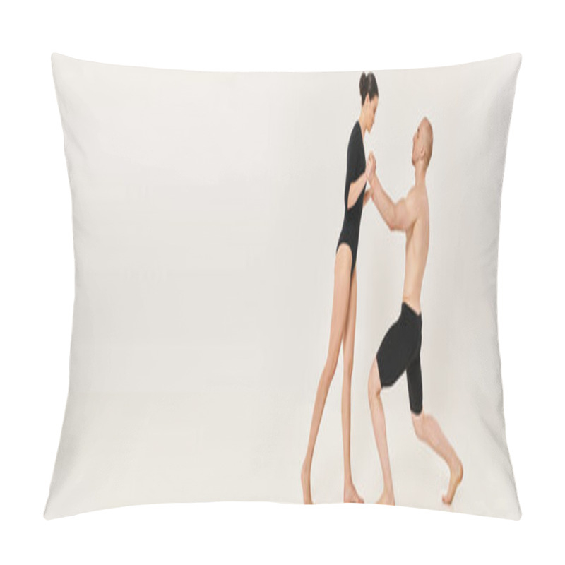 Personality  A Shirtless Young Man And A Woman Gracefully Showcase Acrobatic Dance Moves In A Studio Setting On A White Background. Pillow Covers