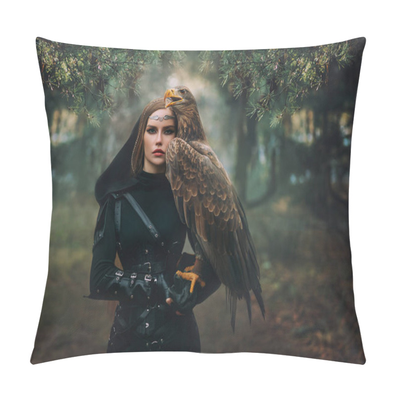 Personality  Art Portrait Real People Fantasy Woman Holding White-tailed Eagle Wild Bird On Hand. Elf Warrior Girl Beauty Face With Brown Bird Walking In Forest. Lady Queen Hunter Black Costume Hood Dark Trees Fog Pillow Covers