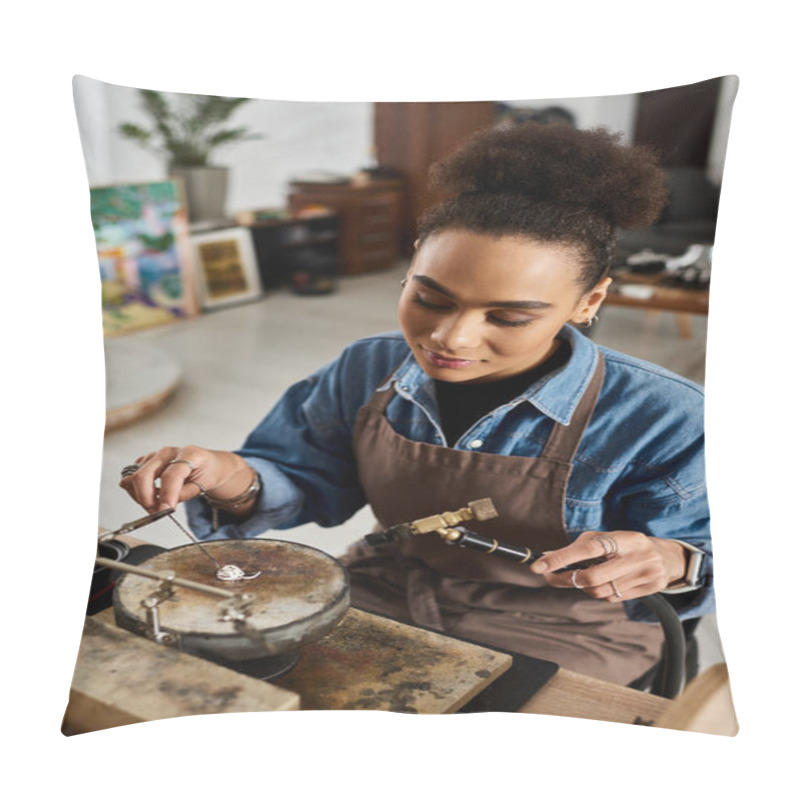 Personality  A Talented Woman Works Diligently On Creating Exquisite Jewelry In Her Artistic Studio Setting. Pillow Covers