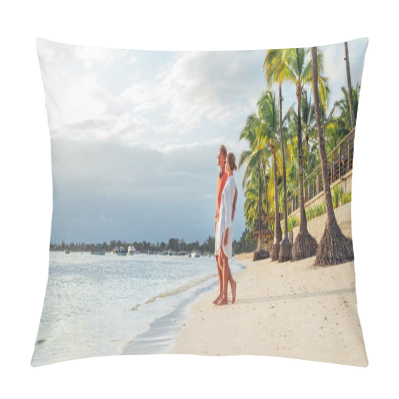 Personality  Couple In Love Hugging On Sandy Exotic Beach While Having Evening Walk By Trou-aux-Biches Seashore On Mauritius Island Enjoying Sunset. People Relationship And Tropic Honeymoon Vacations Concept Image Pillow Covers