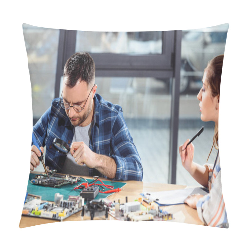 Personality  Woman Filling Checklist While Engineer Soldering Computer Parts Pillow Covers