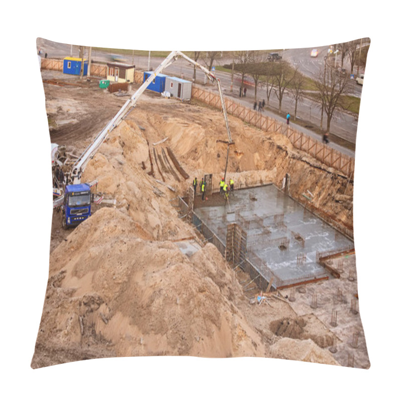 Personality  Kyiv, Ukraine- March 20, 2019: Top View Of Pouring The Foundation For The Future Multi-story Building With Using Special Vehicles Pillow Covers