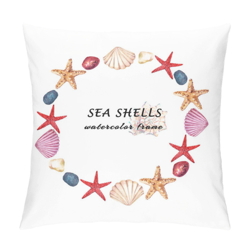 Personality  Watercolor Aquatic Round Frame With Sea Shells, Starfish And Stones. Hand Drawn Illustration Isolated On White Background. Pillow Covers