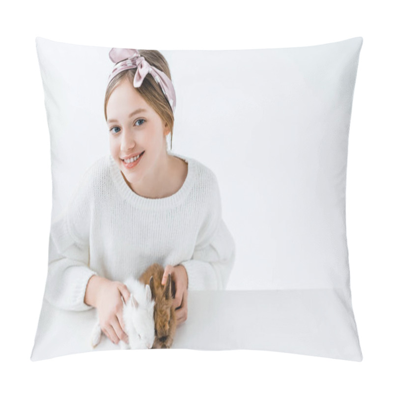 Personality  Beautiful Girl Holding Adorable Furry Rabbits And Smiling At Camera On White Pillow Covers