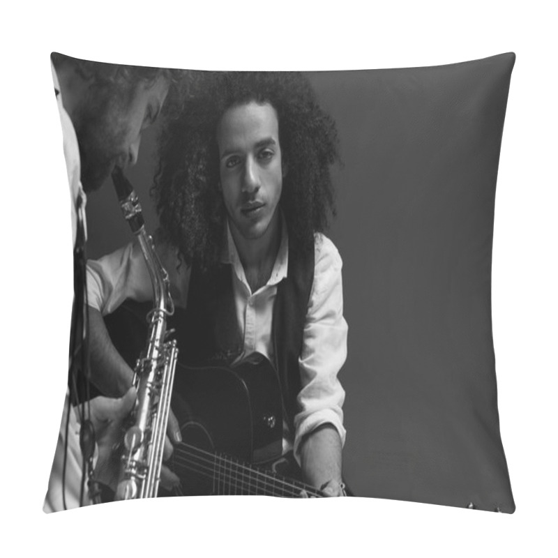 Personality  Black And White Shot Of Duet Of Musicians Playing Sax And Acoustic Guitar On Black Pillow Covers