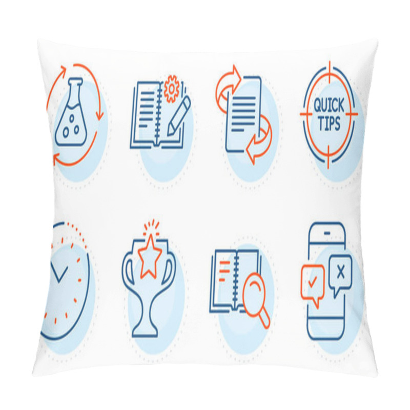 Personality  Victory, Time Management And Marketing Signs. Chemistry Experiment, Tips And Search Book Line Icons Set. Phone Survey, Engineering Documentation Symbols. Laboratory Flask, Quick Tricks. Vector Pillow Covers