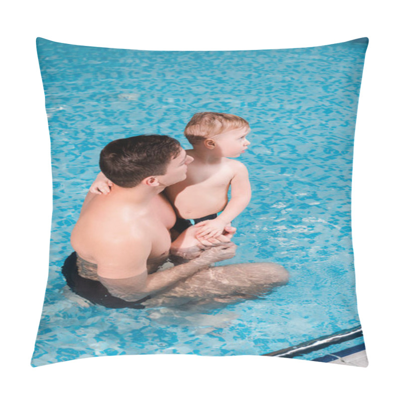 Personality  Swim Coach Holding In Arms Cute Toddler Boy In Swimming Pool  Pillow Covers