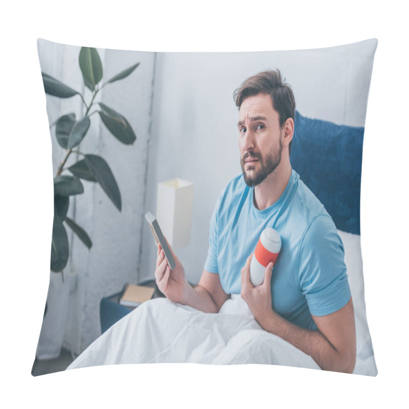 Personality  Sad Man Lying In Bed, Looking At Camera And Holding Funeral Urn With Picture Frame Pillow Covers