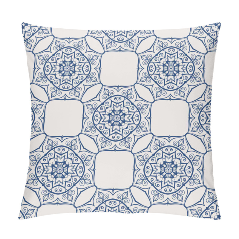 Personality  Vintage Tile Pattern. Seamless Blue And White Background With Abstract Flower Design Elements. Symmetric Oriental Tiles. Azulejo Vector Ornament Pillow Covers