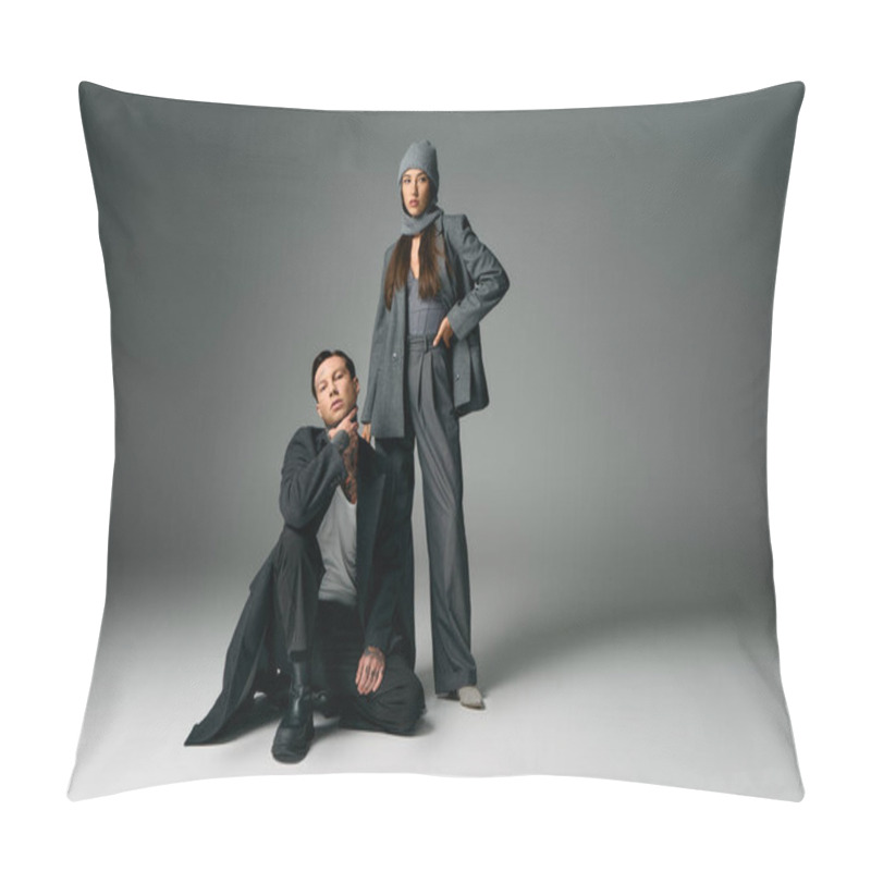 Personality  A Fashionable Young Duo Showcases Contemporary Clothing With A Confident And Artistic Flair. Pillow Covers