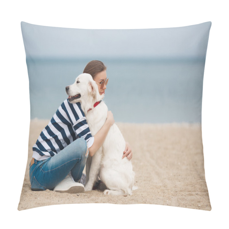 Personality  Young Woman With A Dog On A Deserted Beach Pillow Covers