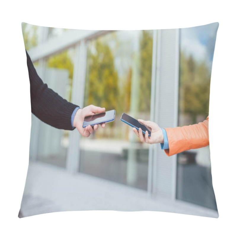 Personality  Woman And Man With Contact Tracing App On Their Phones Pillow Covers