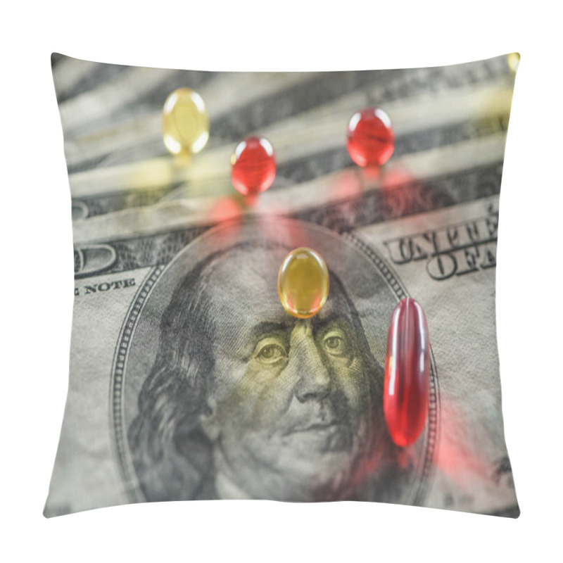 Personality  Close Up Of Bright Oval And Round Pills On Dollars Background Pillow Covers