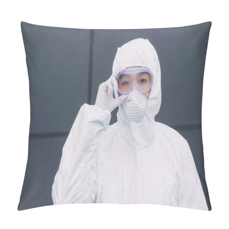 Personality  Asian Epidemiologist In Hazmat Suit And Respirator Mask Looking At Camera While Standing Outside And Touching Goggles Pillow Covers