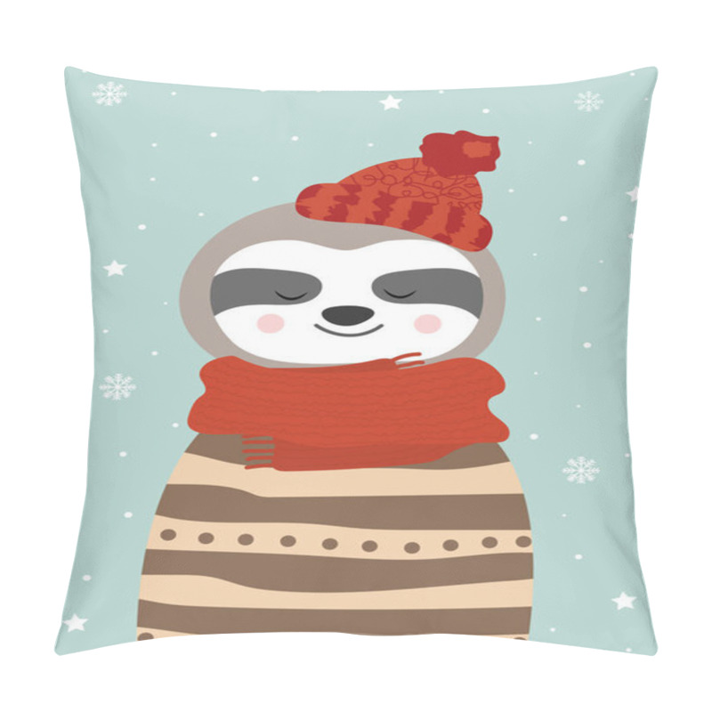 Personality  Cute Winter Smiling White Sluggard With Snowflakes. Cartoon Zoo. Vector Illustration. Animal For The Design Of Children Products In Scandinavian Style. Pillow Covers