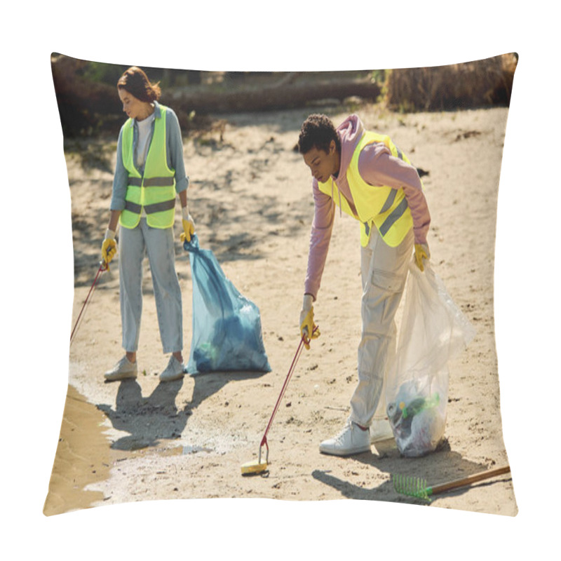 Personality  Couple In Safety Vests & Gloves Working Together In The Sand At The Park. Pillow Covers