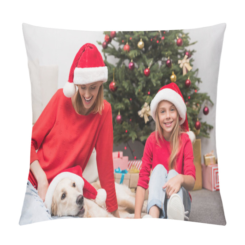 Personality  Mother, Daughter And Dog At Christmastime Pillow Covers