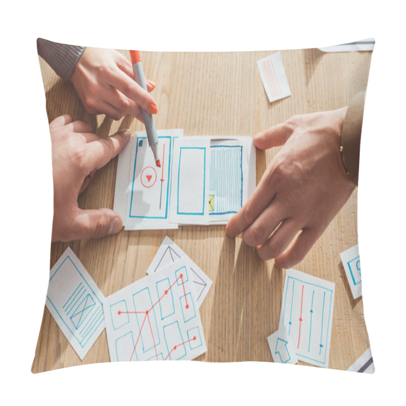 Personality  Cropped View Of Creative Designers Developing User Experience Design With Layouts On Table Pillow Covers