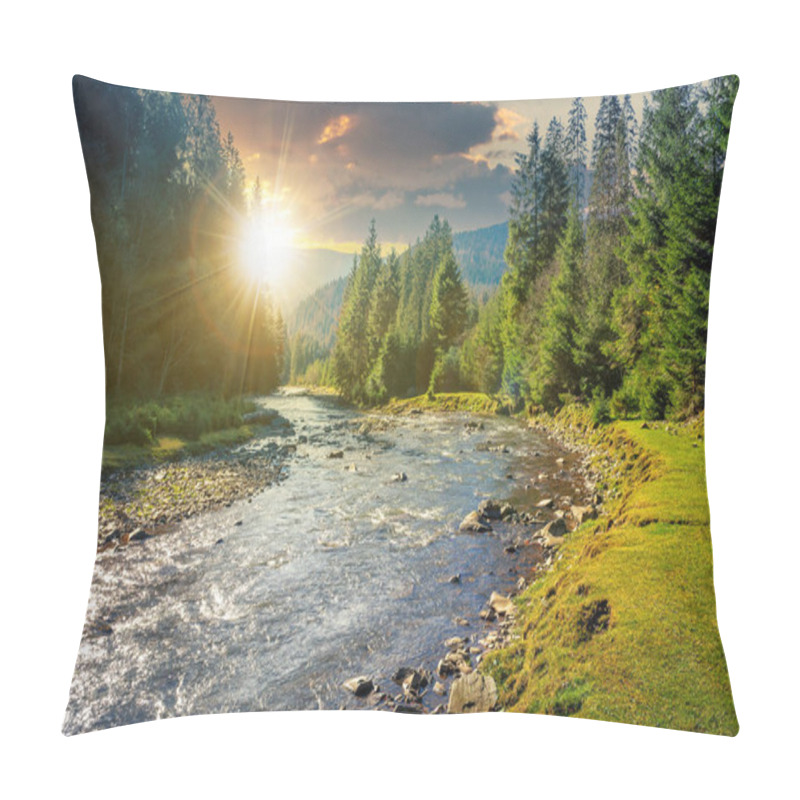 Personality  Mountain River Winding Through Forest At Sunset Pillow Covers