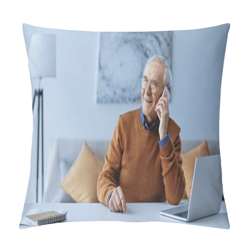 Personality  Cheerful Elderly Man Speaking On Cellphone Neat Laptop At Home Pillow Covers