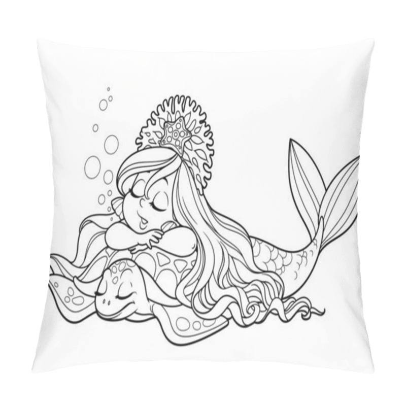 Personality  Cute Little Mermaid Girl In Coral Tiara Sleeping Sweetly On The Back Of A Sea Turtle Outlined For Coloring Page Isolated On White Background Pillow Covers